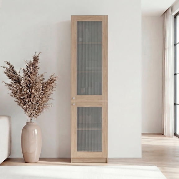 Miekor Furniture Natural Oak Modern Storage Cabinet with 5 Shelf and Glass Front No.1075