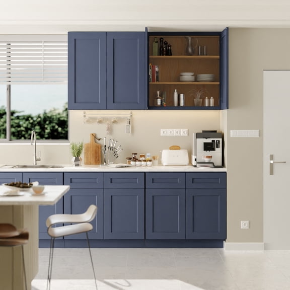 Miekor Furniture Navy Blue Shaker 36" Solid Wood Wall Cabinet, Soft Close Hinges, Adjustable Shelves, Double Door for Kitchen,Bath,Laundry, 36Wx12Dx36H No.4349