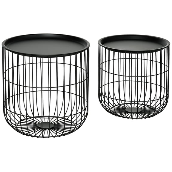 Miekor Furniture Nesting Coffee Tables, Round Coffee Table Set of 2 with Steel Wired Basket Body and Removable Top, Stacking End Tables Blanket Storage for Living Room, Black No.2229