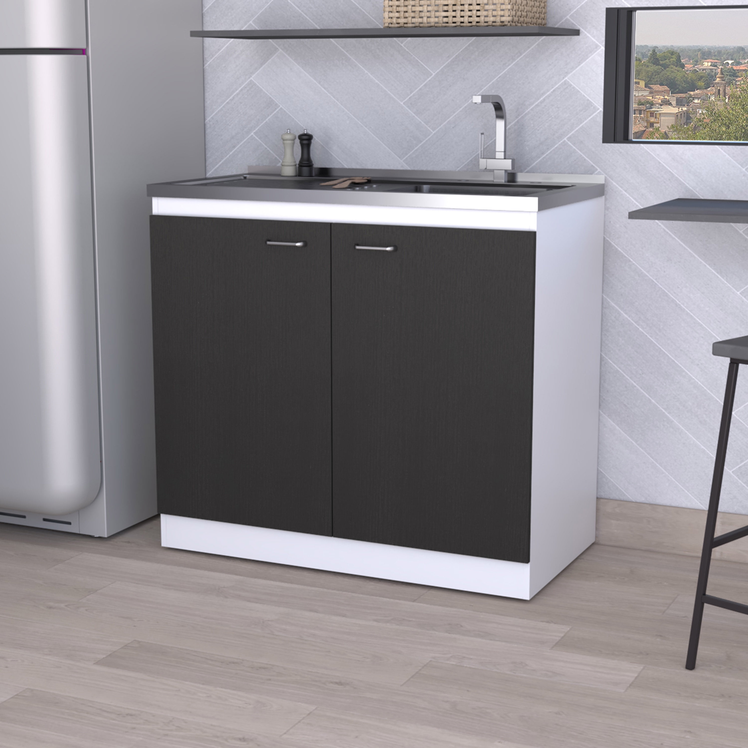 Miekor Furniture Oklahoma Utility Sink, Double Door Cabinet, Stainless Steel Countertop 0033