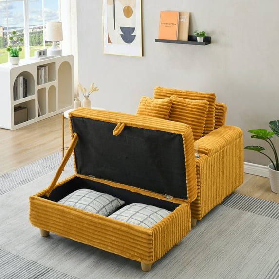 Miekor Furniture Orange Corduroy Single Sofa With One Pillow, Two Throw Pillows, A Footstool And Two Storage Spaces. 52173