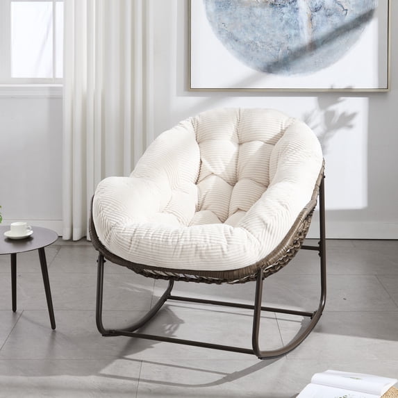 Miekor Furniture Outdoor Rattan Rocking Chair,Padded Cushion Rocker Recliner Chair Outdoor for Front Porch, Living Room, Patio, Garden, White 14018