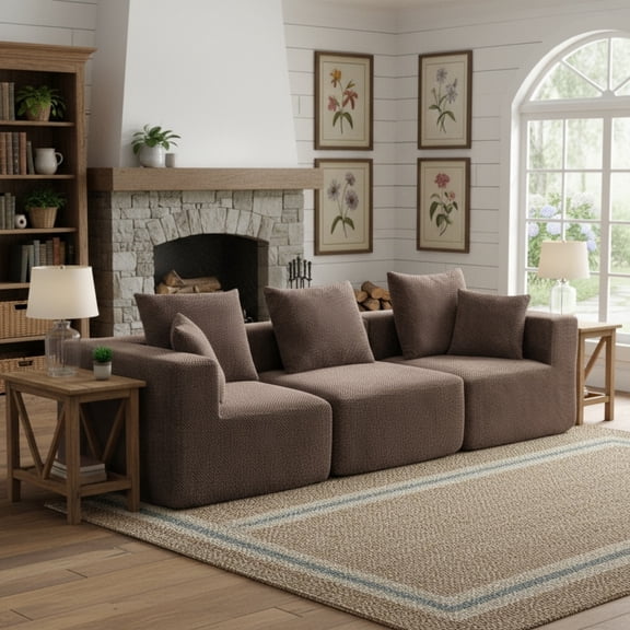 Miekor Furniture Oversized Modular Deep-Seat Sofa, 3-Piece All-Foam Sectional Couch in Soft Textured Fabric, Tool-Free Assembly, Apartment-Friendly Low Profile, 111" 37" 23.6"-Brown No4596