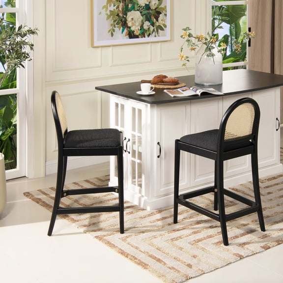 Miekor Furniture Panama 26.5" Curved Back Cane Rattan Counter Stool, Set Of 2, Ebony Black Boucle 38388