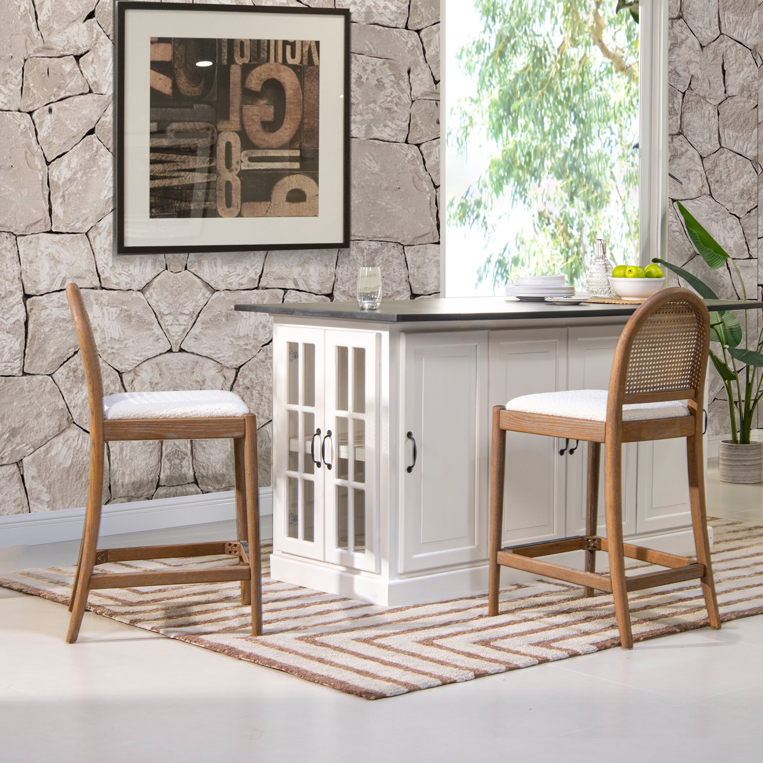 Ivory White Boucle and Oak Curved Back Rattan Counter Stools, Set of 2