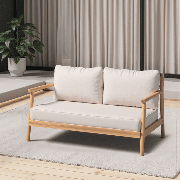 Miekor Furniture Patio Acacia Wood Loveset Sofa with Water-resistant Cushion, Teak + Beige No.0027