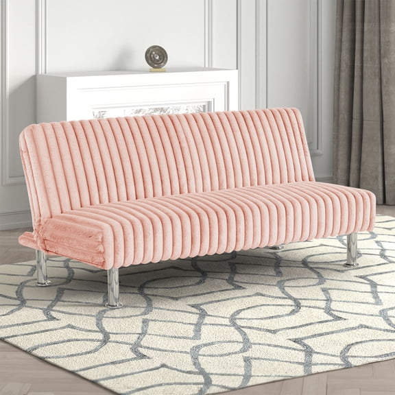 Miekor Furniture Pink Finish Futon Sofa Contemporary Style Easy Convert Into Bed With Extra Support Leg Armless Chrome Finish Base Legs No4975