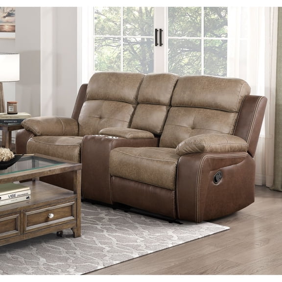 Miekor Furniture Plush Comfort Brown Microfiber Upholstered Solid Wood Frame Living Room Furniture 1pc Dual Glider Reclining Loveseat with Center Console Plush Arms No1538