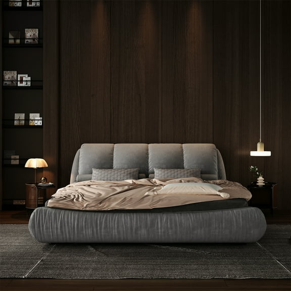 Miekor Furniture Queen Size Luxury Upholstered Platform Bed With Oversized Padded Backrest And Solid Wood Frame, Suitable For Multiple Heights Of Mattresses, Grey 00020