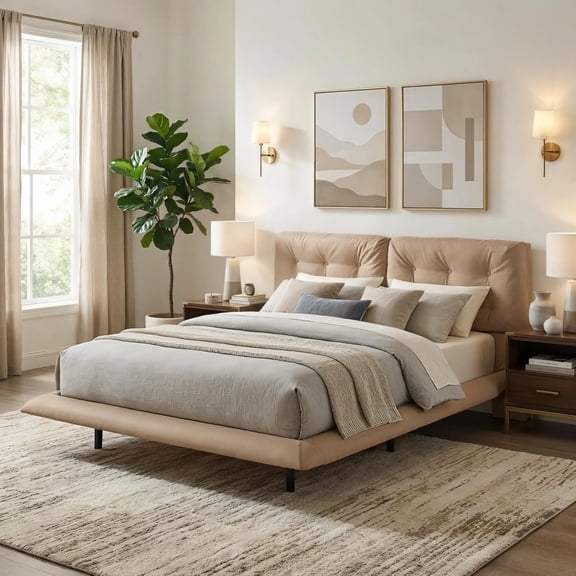 Miekor Furniture Queen Size Upholstered Floating Bed Frame with LED Lights, Pu Leather Platform Bed with Button-Tufted Headboard, Easy Assembly, No Box Spring Needed, Khaki No.3628