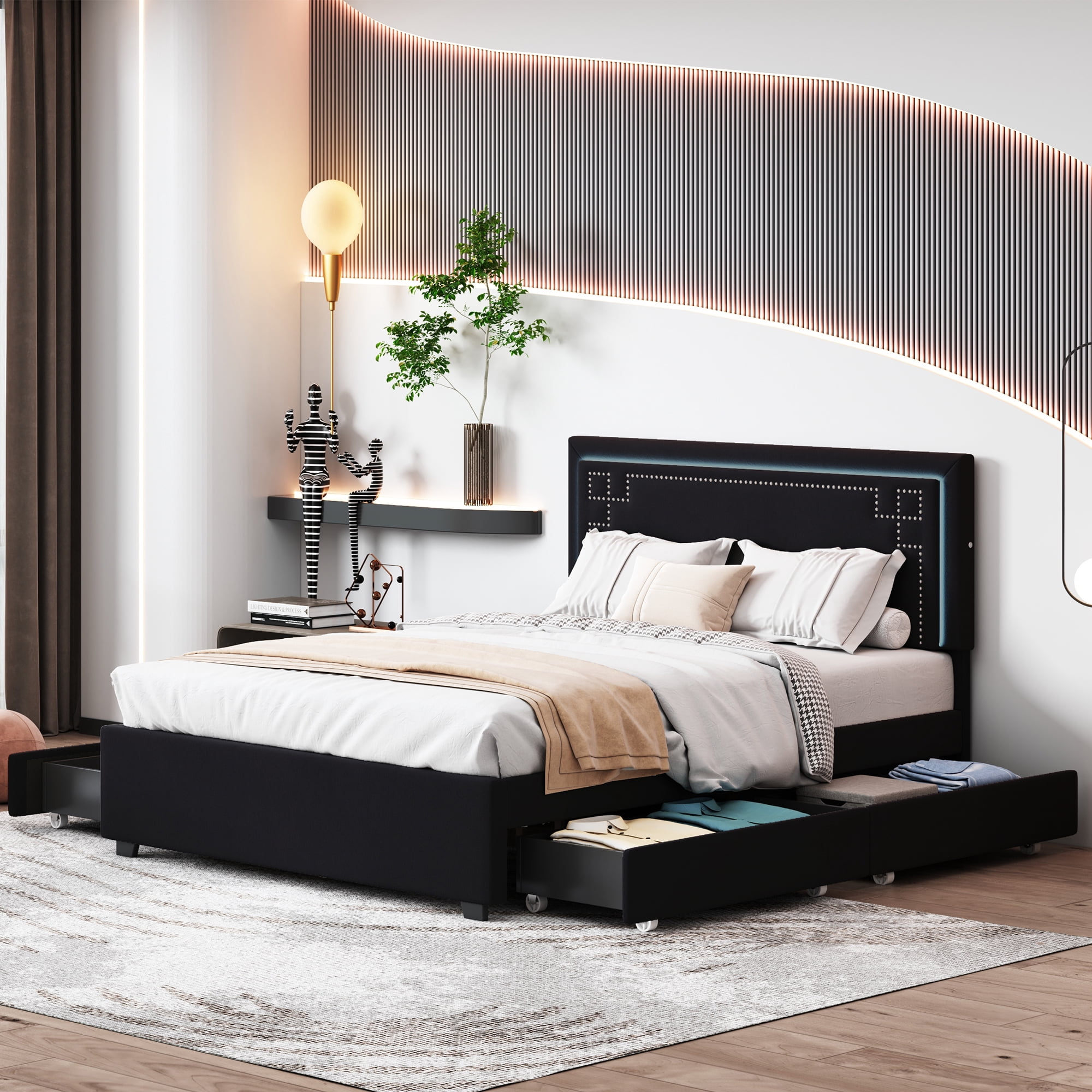 Miekor Furniture Queen Size Upholstered Platform Bed with Rivet ...