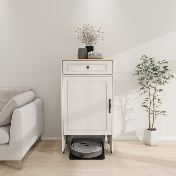 Miekor Furniture Robot Vacuum Stand Cabinet with Wheels, Sweeping Robot Storage Rack with Doors and Drawers, Side Table for Living Room, Home Office, Kitchen-Antique White No.6478
