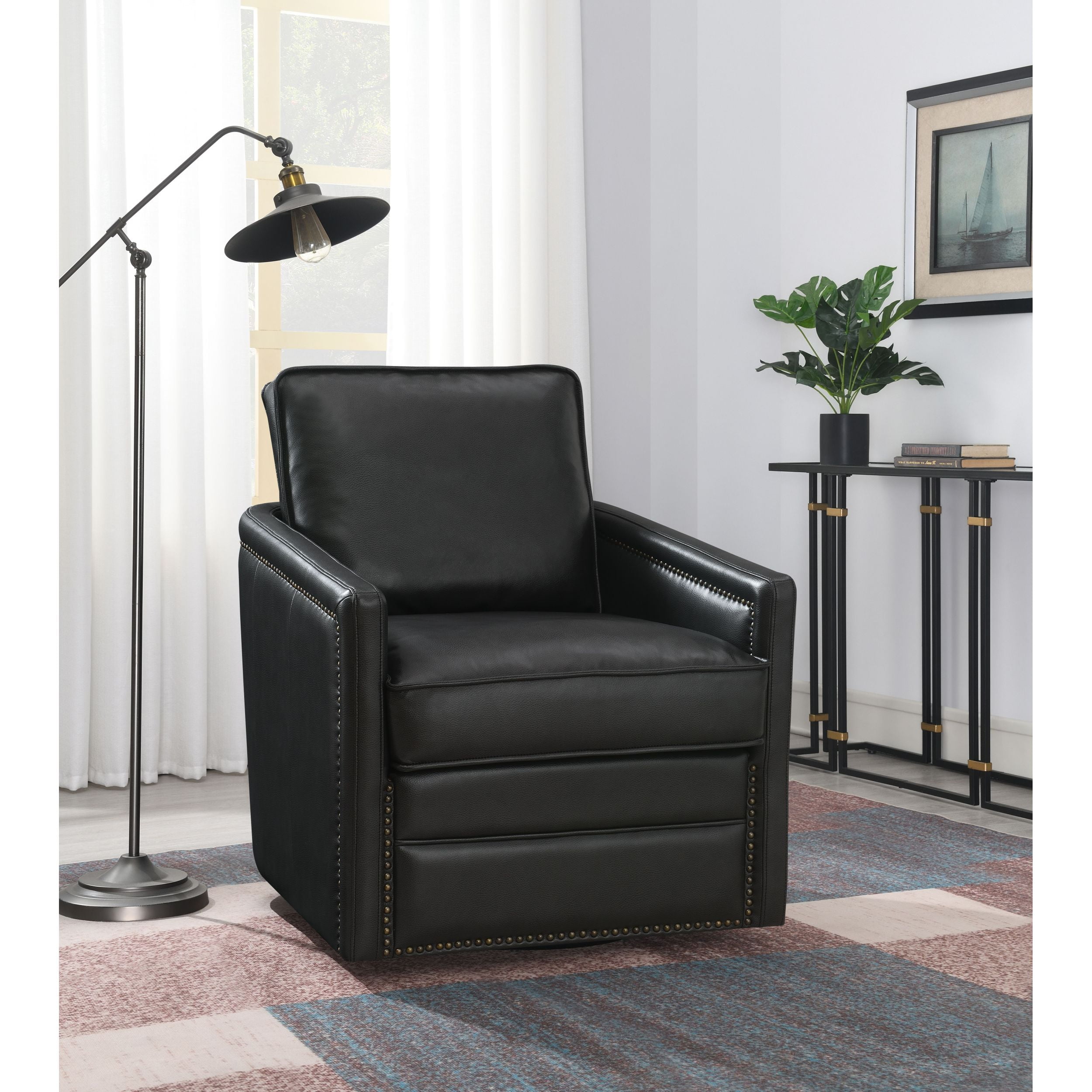 Rocha Black Leather Swivel Accent Chair with Nailhead Trim