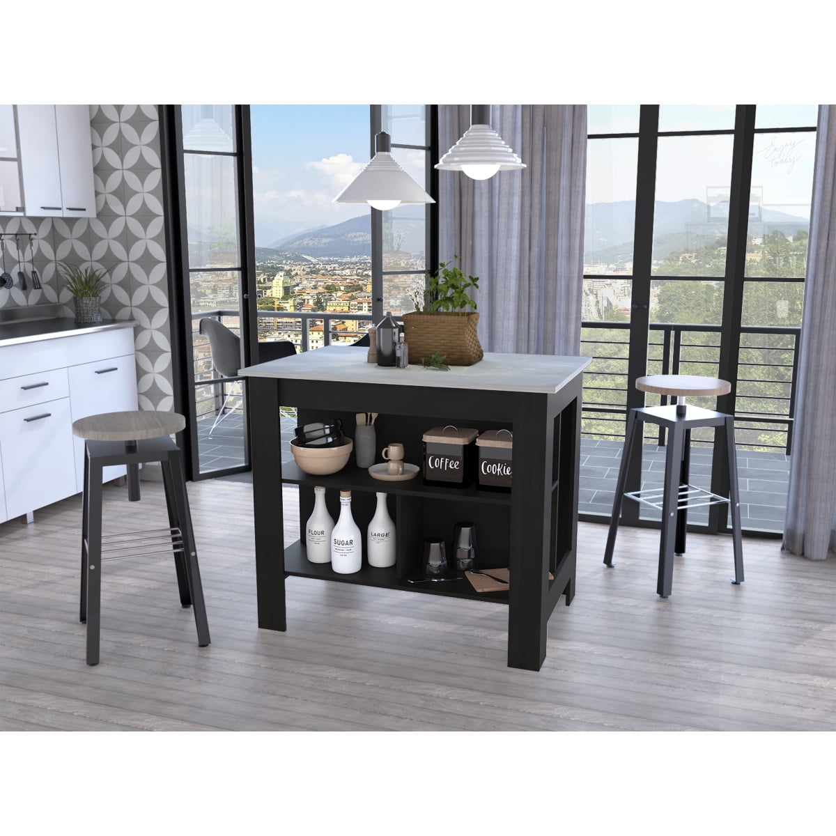 Miekor Furniture Rockaway 3-Shelf Kitchen Island Black and Ibiza Marble B5A3712