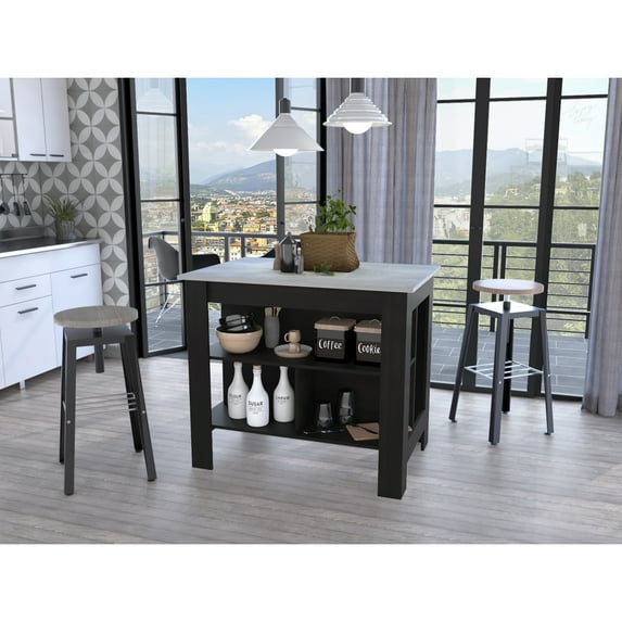 Miekor Furniture Rockaway 3-Shelf Kitchen Island Black and Ibiza Marble B5A3712
