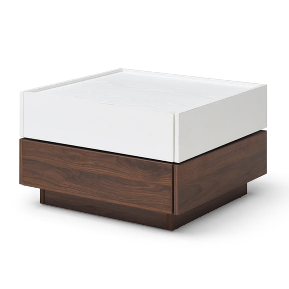 Miekor Furniture Rotating Coffee Table with 2 Drawers, High wood 2-Tier Center Table with Storage, Square Coffee Table with Swivel Tabletop for Living Room (white and Walnut ) 60042