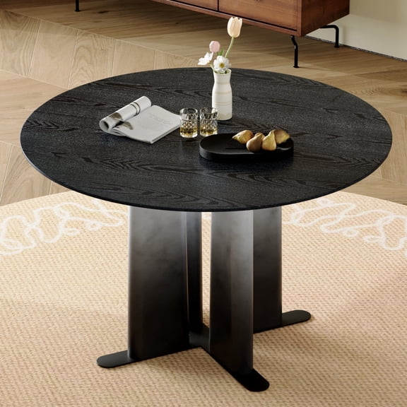 Miekor Furniture Round Black Wood Grain MDF Dining Table, Black & White Gradient Legs with Cross Base, Compact 2-4 Person Kitchen Table for Small Spaces Modern Dining Room Furniture No6978