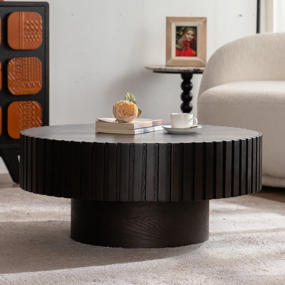 Miekor Furniture Round Coffee Table Handcrafted Relief Sturdy Pedestal Wooden Olive-Shaped Tea Table for Living Room 98185