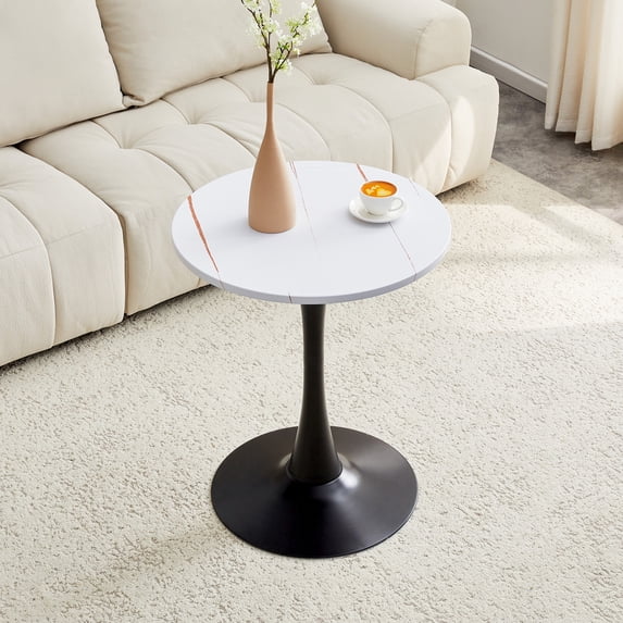 Miekor Furniture Round Dining Table, 23.6" Circle Tulip Table with Thickened Tabletop & Metal Pedestal, Mid Century Modern Bistro Table for Kitchen, Small Places, Living Room, Cafe (White) No.6157