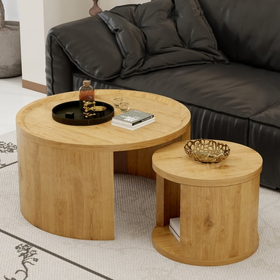 Miekor Furniture Round Nesting Coffee Table Set of 2 Modern Low Tables, 31.5" Big 18" Small Stacking Side Table with Wood Top, Minimalist Center Table for Living Room Bedroom Small Space No6142