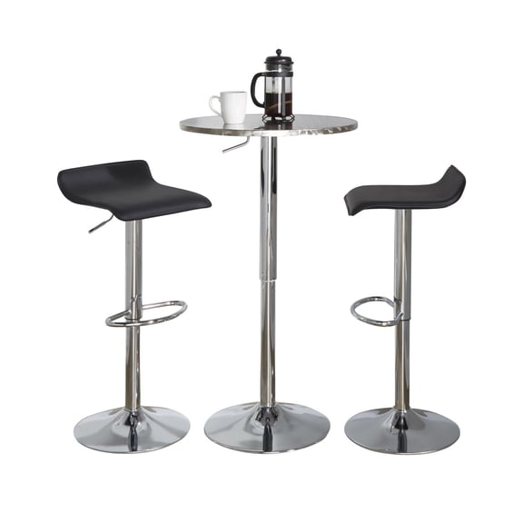 Miekor Furniture RoundContemporary Adjustable Bar Set in Silver and Chrome Metal with Black PVC and Oval Footrest - 3 Piece No1012