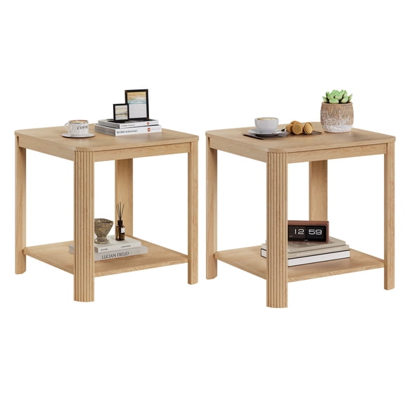 Miekor Furniture Rounded Corner End Tables Set of 2 22.1'' Square Nightstand with Vertical Wave Grain Legs, 2-Tier Boho Side Table for Living Room, Bedroom & Home Office (Oak) No.4565