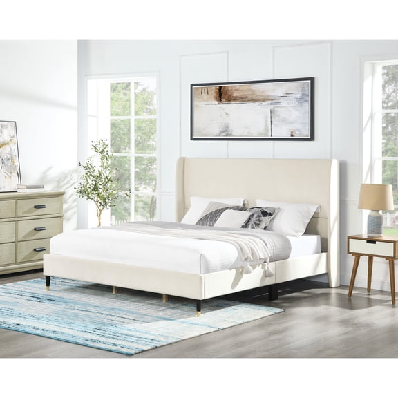 Miekor Furniture Rozitta Beige Velvet Wingback Platform Bed, King B5A4146
