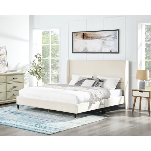 Miekor Furniture Rozitta Beige Velvet Wingback Platform Bed, Queen 8388