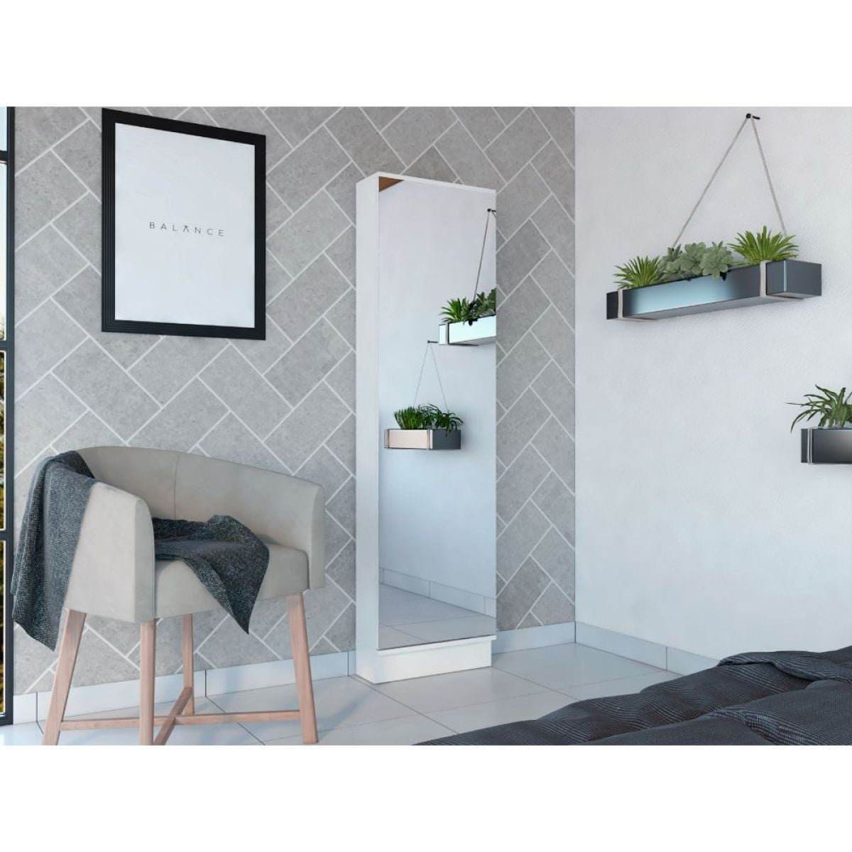 White Wood Hanging Closet Shoe Rack with Mirror and Shelves