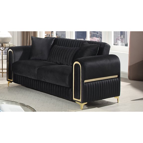Miekor Furniture Ruby Modern Upholstered Loveseat in Black with Solid Birch Wood Frame, Pocket Coil Seating and Gold Stainless Steel Legs No9667