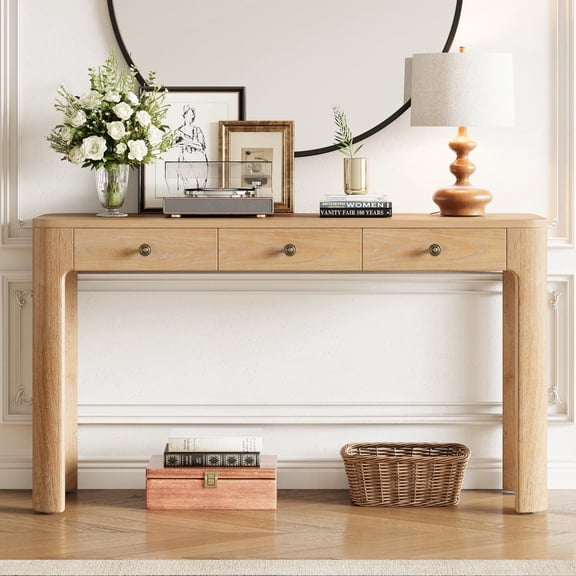 Miekor Furniture Rustic Console Table with Curved Corners for Safety, Entryway Table with 3 Concealed Drawers, Sturdy Sofa Table with Thick Legs for Hallway & Living Room (Light Oak) No8295