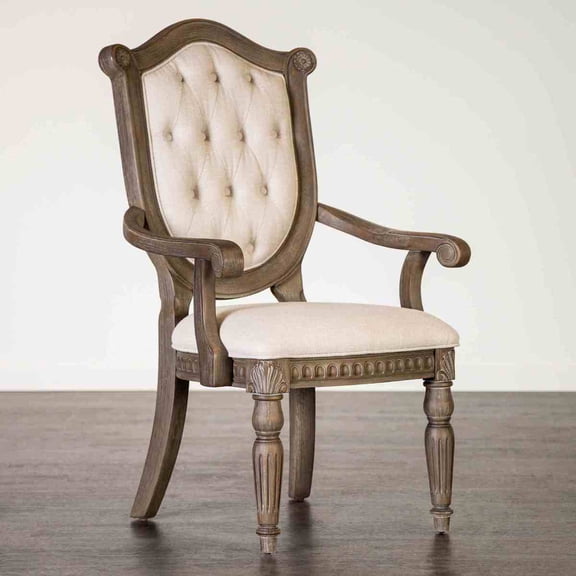 Miekor Furniture Rustic Style 2pc Arm Chair Diamond Tufted Chair Back Fluted Front Legs Weather Oak And Beige Finish Dining Room No0798