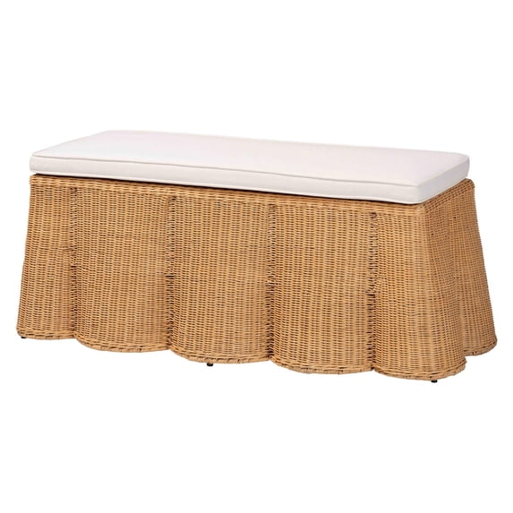 Miekor Furniture Scallop Natural Rattan Ottoman with Cushion - Handwoven Wicker Accent Bench for Living Room, Bedroom or Entryway, Coastal Boho Style Accent Furniture, Rectangle No.4518