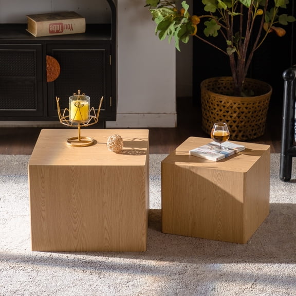 Miekor Furniture Set of 2 Natural Wood Nesting Cube Coffee Table Set, Modern MDF Wood Grain Sticker Side Tables for Small Spaces - Fully Assembled, Living Room/Bedroom End Tables No.6921
