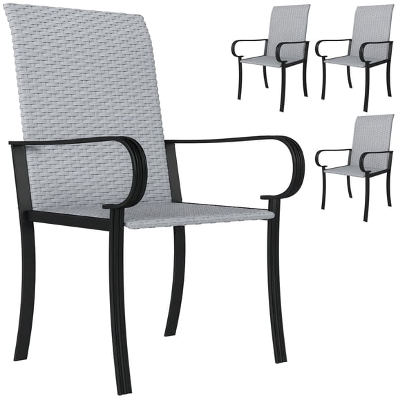 Miekor Furniture Set of 4 Outdoor Wicker Dining Chairs, All-Weather Rattan Armchairs with Armrests, Steel Frame, High Back and Deep Seating, Gray No.5713