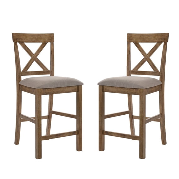Miekor Furniture Set of 2 Linen Upholstered Counter Height Chairs, Tan and Weathered Oak MK4534
