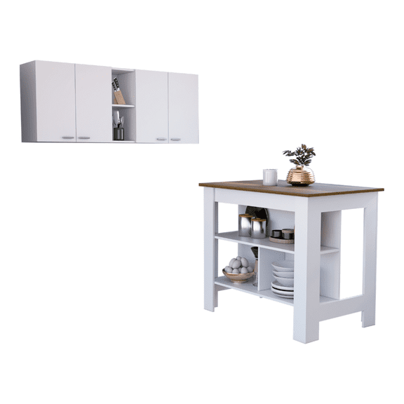 Miekor Furniture Sierra 7-Shelf 4-Door 2-piece Kitchen Set, Upper Wall Cabinet and Kitchen Island White and Walnut W5U194