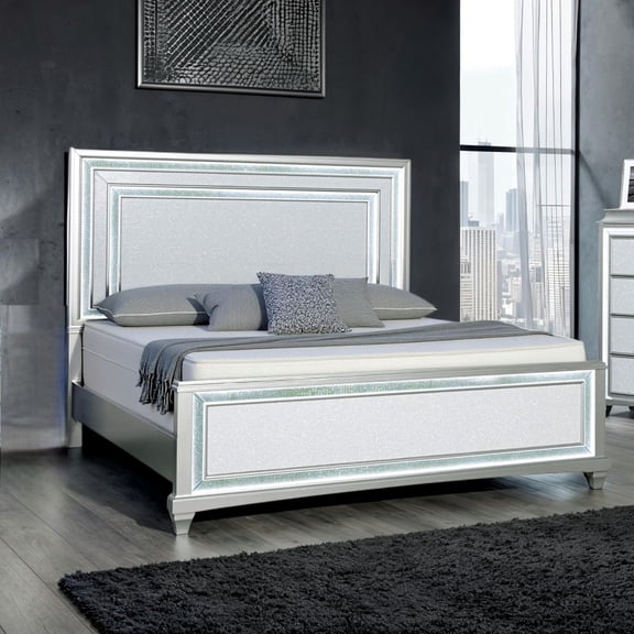 Miekor Furniture Silver / Gray 1pc Queen Size Bed Faux Crystal w LED Headboard Panel Bedframe Bedroom Furniture Glamorous Contemporary Style No5462
