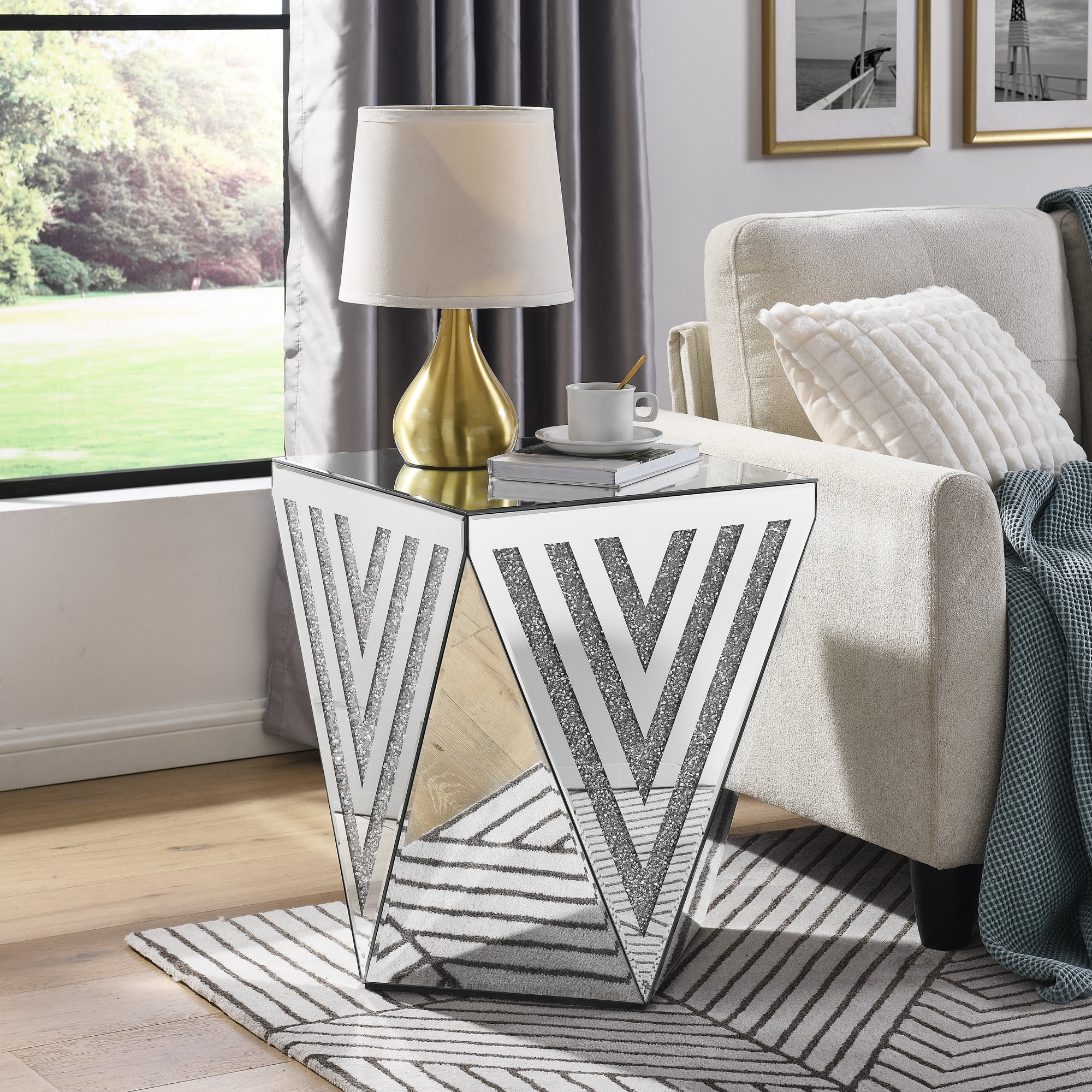 Miekor Furniture Silver Mirror Table, Gorgeous Side Table With Crystal Inlay, Small Mirror Coffee Table Suitable For Living Room, Sofa, Bedroom, Corner 0144