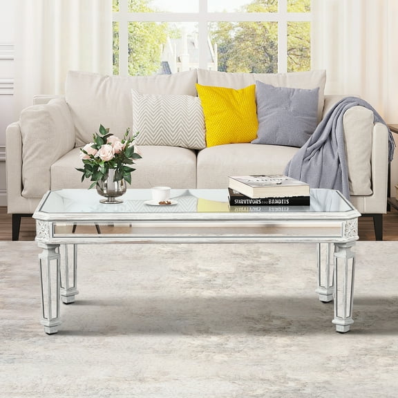 Miekor Furniture Silver Mirrored Coffee Table, Vintage Carved Elements, Rectangle Glass Tea Table with Mirrored Finish, Modern Center Table for Living Room and Office (24" D x 48" W x 18" H) 4047