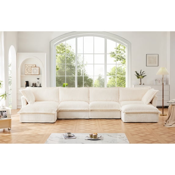 Miekor Furniture Slipcovered U Shape Sectional Wide and Deep Seat Sofa Couch, 4 Seater Sofa with French Edges Design Multiple Big Pillows, Soft Deep Seat Comfy Cloud Couch Cream Corduroy 57548