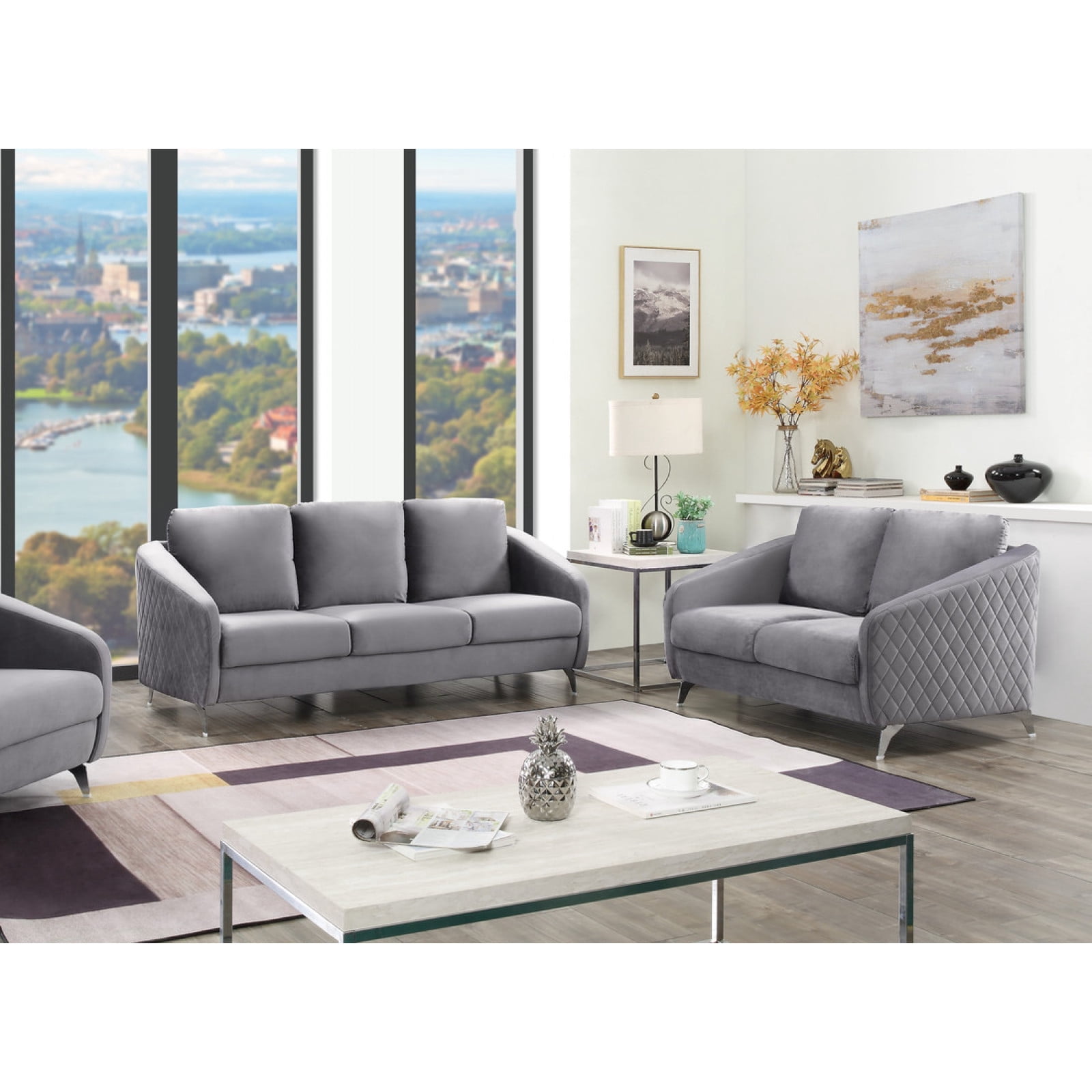 Miekor Furniture Sofia Gray Velvet Fabric Sofa Loveseat Living Room Set ...