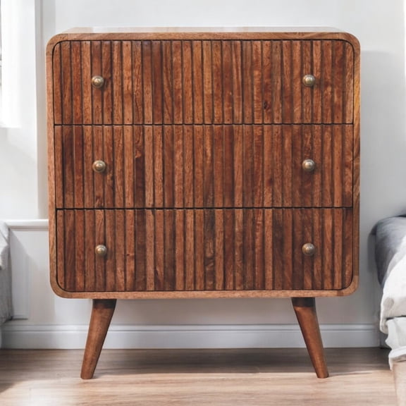 Miekor Furniture Solid Wood Honey Caramel T-Bar Ridged Chest, 3-Drawer, Brown No.3573