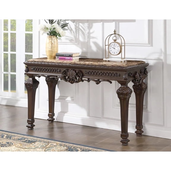 Miekor Furniture Solid Wood Traditional Console Table with Marble Top, Hand Carved Living Room Entryway Table, Cherry No.5894