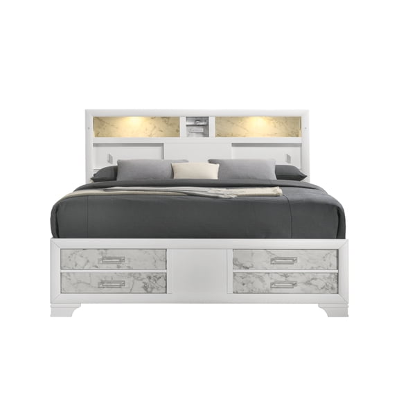 Miekor Furniture Soul Modern Style Queen Bed with Footboard drawers and shelves in the headboard Made with Wood in White No5166