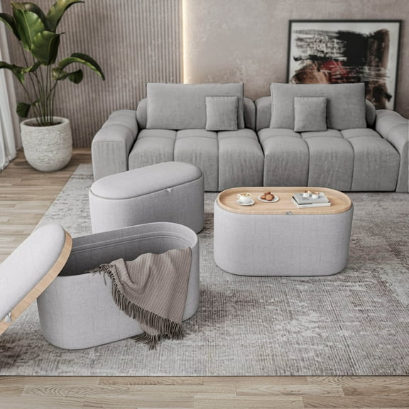 Miekor Furniture Storage Ottoman with Reversible Wooden Tray Top, Natural 17866