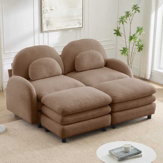 Miekor Furniture Teddy Fabric Cloud-like 2-Seat Sofa,Curved Backrest and Armrest with Curved Lumbar Pillows, Sectional 2 Seater Modular Couch with 2 movable Ottomans and Supportive Double-laye No6799