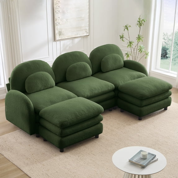 Miekor Furniture Teddy Fabric Cloud-like 3-Seat Sofa,Curved Backrest and Armrest with Curved Lumbar Pillows, Sectional 3 Seater Modular Couch with 2 movable Ottomans and Supportive Double-laye No6284