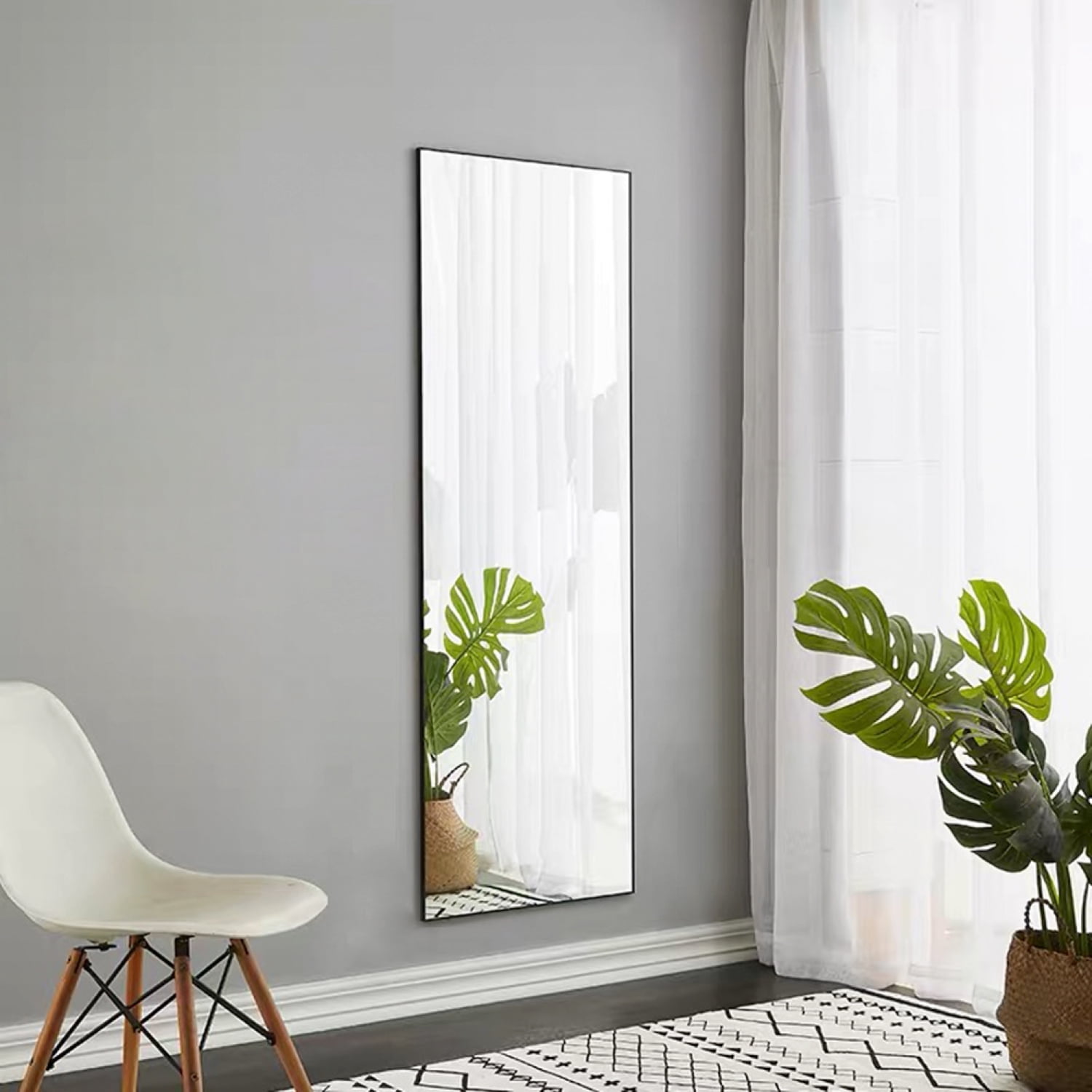 Miekor Furniture Tempered mirror 59" x 16" Tall Full Length Mirror with Stand, Black Wall Mounting Full Body Mirror, Metal Frame Full-Length Mirror for Living Room, Bedroom BS7971
