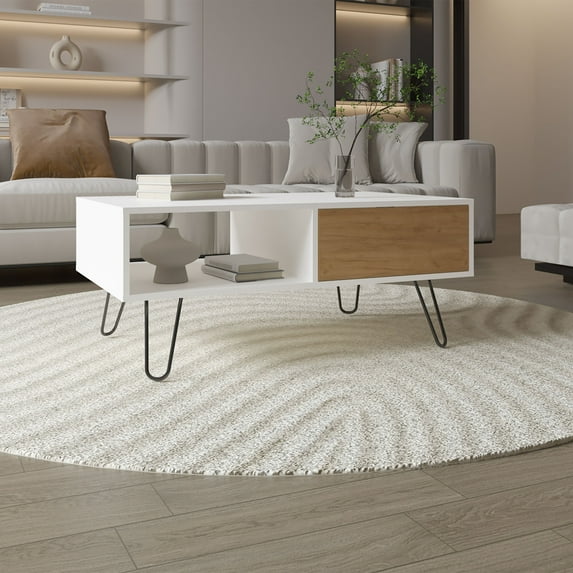 Miekor Furniture Tori 39" Wide Coffee Table with One Drawer, One Shelf, Rectangular, Living Room White - NAtural Oak 13708